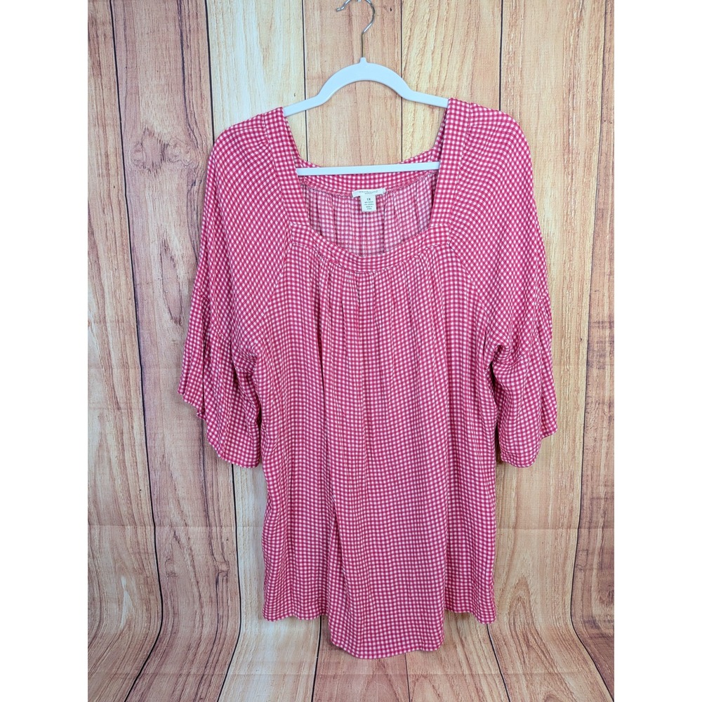 Westbound Pink Checkered Bell Sleeve Tunic Top Womens Plus Size 1X